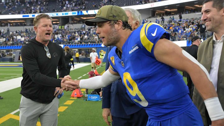 Nov 2, 2025; Inglewood, California, USA;
Les Snead, general manager of the Los Angeles Rams shakes the hand of quarterback Matthew Stafford (9) following a game against the New Orleans Saints at SoFi Stadium. Mandatory Credit: Jayne Kamin-Oncea-Imagn Images Nov 2, 2025; Inglewood, California, USA;
Les Snead, general manager of the Los Angeles Rams shakes the hand of quarterback Matthew Stafford (9) following a game against the New Orleans Saints at SoFi Stadium. Mandatory Credit: Jayne Kamin-Oncea-Imagn Images