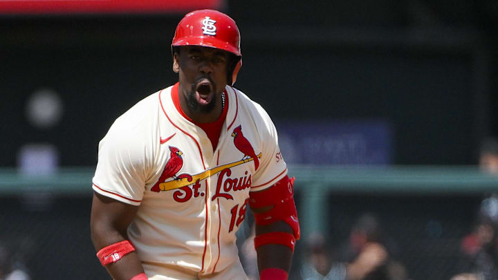 May 24, 2025; St. Louis, Missouri, USA;  St. Louis Cardinals right fielder Jordan Walker (18) reacts after hitting a two run double against the Arizona Diamondbacks during the seventh inning at Busch Stadium. Mandatory Credit: Jeff Curry-Imagn Images
