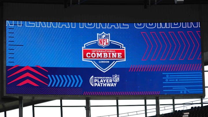 Oct 12, 2021; London, United Kingdom; The 2021 NFL International Combine logo is seen on the video board at Tottenham Hotspur Stadium. Mandatory Credit: Kirby Lee-Imagn Images