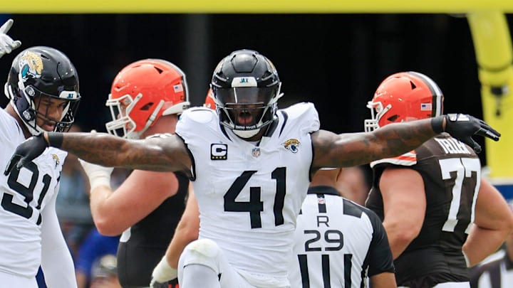 Jacksonville Jaguars defensive end Josh Hines-Allen (41) reacts to a tackle during the first quarter of an NFL football matchup Sunday, Sept. 15, 2024 at EverBank Stadium in Jacksonville, Fla. [Corey Perrine/Florida Times-Union]