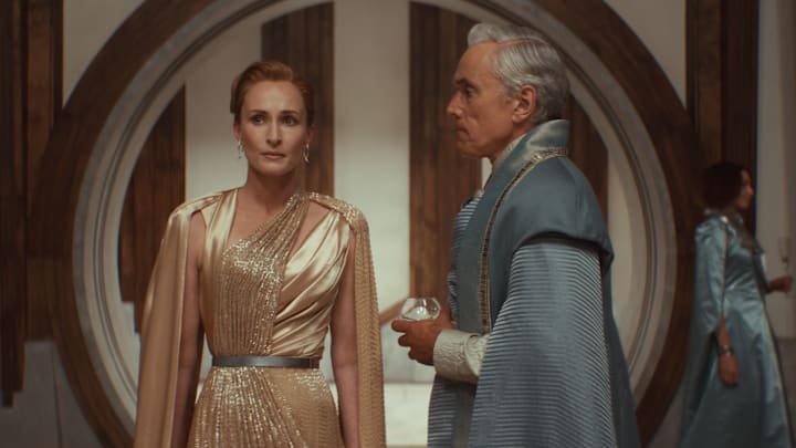 (L-R) Mon Mothma (Genevieve O'Reilly) and Tay Kolma (Ben Miles) in Lucasfilm's Star Wars ANDOR Season 2, exclusively on Disney+. Photo courtesy of Lucasfilm. ©2025 Lucasfilm Ltd. & TM. All Rights Reserved.