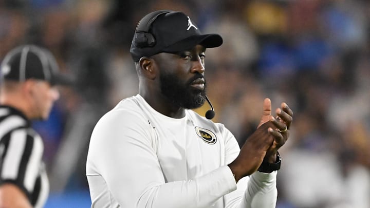 Oct 12, 2024; Pasadena, California, USA; UCLA Bruins head coach DeShaun Foster during the second quarter against the Minnesota Golden Gophers at the Rose Bowl. Mandatory Credit: Robert Hanashiro-Imagn Images