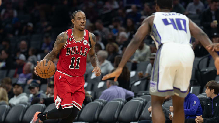 Dec 4, 2022; Sacramento, California, USA;  Chicago Bulls forward DeMar DeRozan (11) controls the ball during the third quarter against the Sacramento Kings at Golden 1 Center. Mandatory Credit: Stan Szeto-USA TODAY Sports