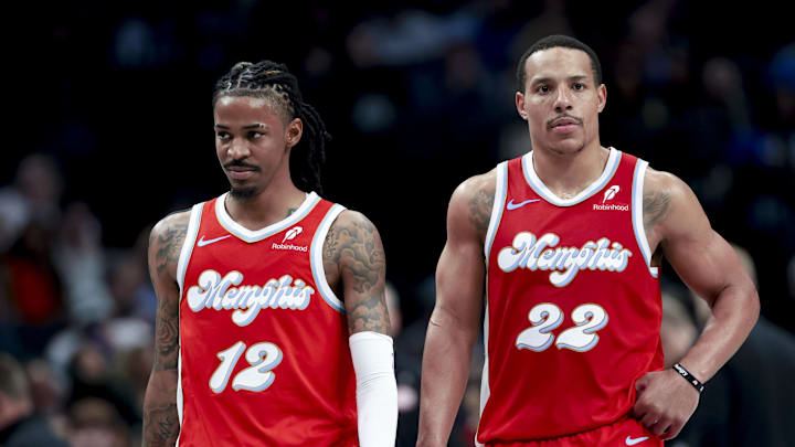 Mar 7, 2025; Dallas, Texas, USA; Memphis Grizzlies guard Ja Morant (12) and Memphis Grizzlies guard Desmond Bane (22) against the Dallas Mavericks during the second half at American Airlines Center. Mandatory Credit: Kevin Jairaj-Imagn Images Mar 7, 2025; Dallas, Texas, USA; Memphis Grizzlies guard Ja Morant (12) and Memphis Grizzlies guard Desmond Bane (22) against the Dallas Mavericks during the second half at American Airlines Center. Mandatory Credit: Kevin Jairaj-Imagn Images