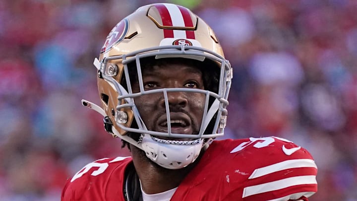 Sep 9, 2024; Santa Clara, California, USA; San Francisco 49ers defensive end Leonard Floyd (56) watches the video replay in the second quarter against the New York Jets at Levi's Stadium. Mandatory Credit: David Gonzales-Imagn Images