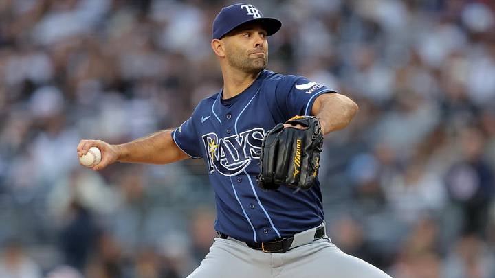 May 22, 2026; Bronx, New York, USA; Tampa Bay Rays starting pitcher Nick Martinez (28) pitches against the New York Yankees during the first inning at Yankee Stadium. May 22, 2026; Bronx, New York, USA; Tampa Bay Rays starting pitcher Nick Martinez (28) pitches against the New York Yankees during the first inning at Yankee Stadium.