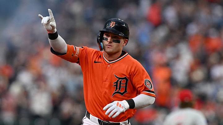 Detroit, Michigan, USA;  Detroit Tigers shortstop Kevin McGonigle (7) celebrates while running the bases after hitting a two-run home run against the Philadelphia Phillies  in the third inning at Comerica Park. Mandatory Credit: Lon Horwedel-Imagn Images