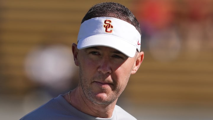 Oct 28, 2023; Berkeley, California, USA; USC Trojans head coach Lincoln Riley walks on the field before a game against the California Golden Bears at California Memorial Stadium.