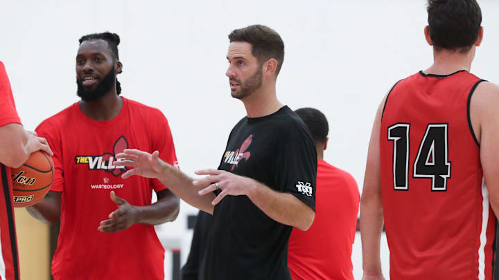 The Ville alumni team assistant coach and former U of L basketball player Luke Hancock conducts practice at the Kueber Center in Louisville, Ky. on July 18, 2023.