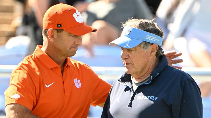 Oct 4, 2025; Chapel Hill, North Carolina, USA; Clemson Tigers head coach Dabo Swinney with North Carolina Tar Heels head coach Bill Belichick before the game at Kenan Stadium. Mandatory Credit: Bob Donnan-Imagn Images Oct 4, 2025; Chapel Hill, North Carolina, USA; Clemson Tigers head coach Dabo Swinney with North Carolina Tar Heels head coach Bill Belichick before the game at Kenan Stadium. Mandatory Credit: Bob Donnan-Imagn Images