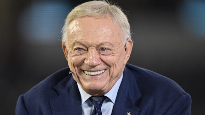Dallas Cowboys owner Jerry Jones talks before the game against the Arizona Cardinals.