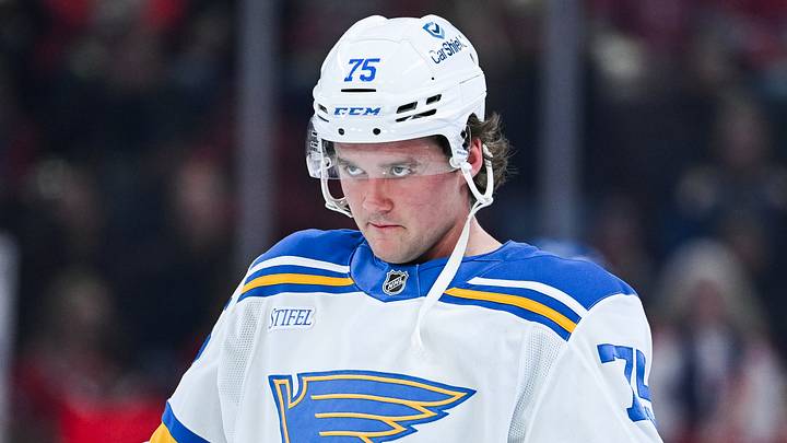 Dec 7, 2025; Montreal, Quebec, CAN; St. Louis Blues defenseman Tyler Tucker (75) looks on during warm-up before the game against the Montreal Canadiens at Bell Centre. Mandatory Credit: David Kirouac-Imagn Images