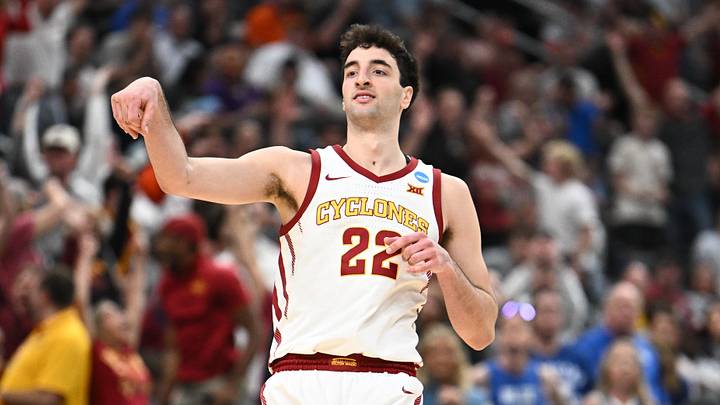 Mar 22, 2026; St. Louis, MO, USA; Iowa State Cyclones forward Milan Momcilovic (22) celebrates after a play during the second half against the Kentucky Wildcats during a second round game of the men's 2026 NCAA Tournament at Enterprise Center.