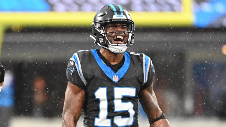 Dec 17, 2023; Charlotte, North Carolina, USA; Carolina Panthers wide receiver Jonathan Mingo (15) reacts after making a catch in the fourth quarter at Bank of America Stadium. Mandatory Credit: Bob Donnan-Imagn Images Dec 17, 2023; Charlotte, North Carolina, USA; Carolina Panthers wide receiver Jonathan Mingo (15) reacts after making a catch in the fourth quarter at Bank of America Stadium. Mandatory Credit: Bob Donnan-Imagn Images