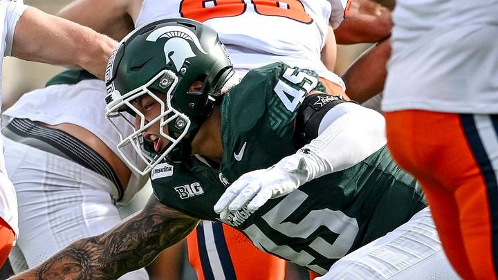 Michigan State’s Brady Pretzlaff, right, closes in on Illinois’ Aidan Laughery during the first quarter on Saturday, Oct. 10, 2026, at Spartan Stadium in East Lansing. Michigan State’s Brady Pretzlaff, right, closes in on Illinois’ Aidan Laughery during the first quarter on Saturday, Oct. 10, 2026, at Spartan Stadium in East Lansing.