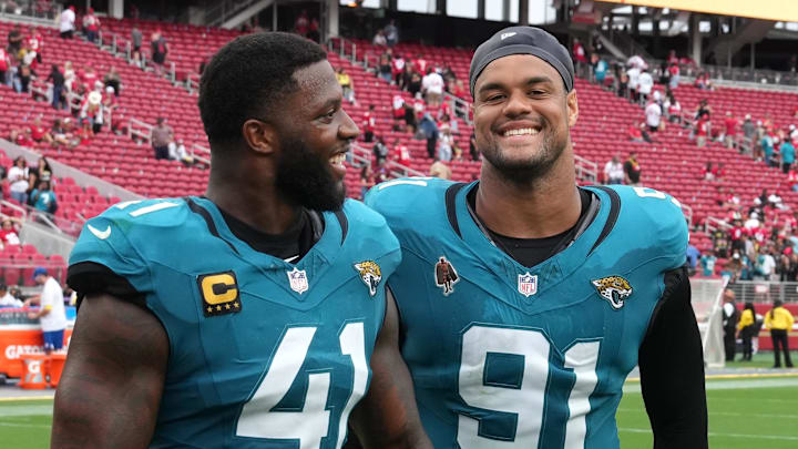 Sep 28, 2025; Santa Clara, California, USA; Jacksonville Jaguars defensive end Josh Hines-Allen (41) and defensive tackle Arik Armstead (91) after the game against the San Francisco 49ers at Levi's Stadium. Mandatory Credit: Darren Yamashita-Imagn Images