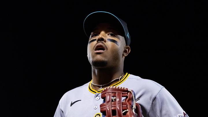 Nov 9, 2025; Mesa, AZ, USA; Pittsburgh Pirates outfielder Esmerlyn Valdez during the Arizona Fall League Fall Stars Game at Sloan Park. Mandatory Credit: Mark J. Rebilas-Imagn Images