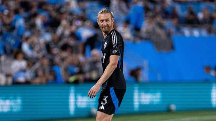 Charlotte FC defender Tim Ream reacts after a foul was called against the FC Cincinnati during the second half at Bank of America Stadium. Mandatory Credit: Scott Kinser-Imagn Images