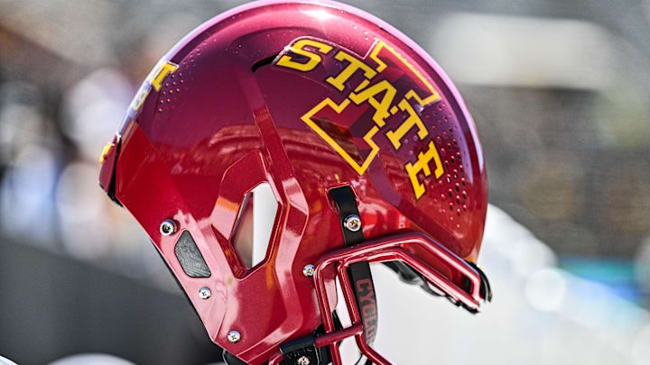 Sep 7, 2024; Iowa City, Iowa, USA; An Iowa State Cyclones helmet sits on the sidelines before the game against the Iowa Hawkeyes at Kinnick Stadium.