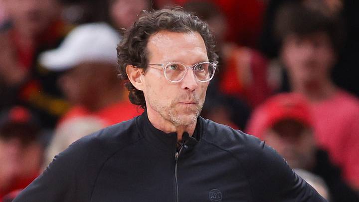 Atlanta Hawks head coach Quin Snyder on the sideline against the New York Knicks in the first quarter during the 2026 NBA Playoffs at State Farm Arena on April 23, 2026. Atlanta Hawks head coach Quin Snyder on the sideline against the New York Knicks in the first quarter during the 2026 NBA Playoffs at State Farm Arena on April 23, 2026.
