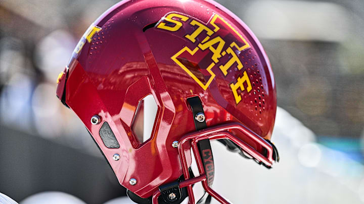 Sep 7, 2024; Iowa City, Iowa, USA; An Iowa State Cyclones helmet sits on the sidelines before the game against the Iowa Hawkeyes at Kinnick Stadium. Sep 7, 2024; Iowa City, Iowa, USA; An Iowa State Cyclones helmet sits on the sidelines before the game against the Iowa Hawkeyes at Kinnick Stadium.