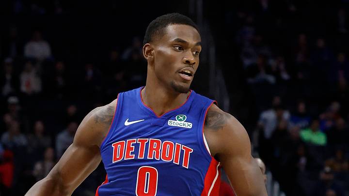Jan 16, 2025; Detroit, Michigan, USA;  Detroit Pistons center Jalen Duren (0) dribbles in the first half against the Indiana Pacers at Little Caesars Arena. Mandatory Credit: Rick Osentoski-Imagn Images