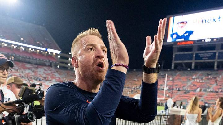 Auburn Tigers head coach Alex Golesh thanks the crowd after the game as Auburn Tigers take on Southern Miss Golden Eagles at Jordan-Hare Stadium in Auburn, Ala. on Saturday, Sept. 12, 2026. Auburn Tigers defeated Southern Miss Golden Eagles 43-8.