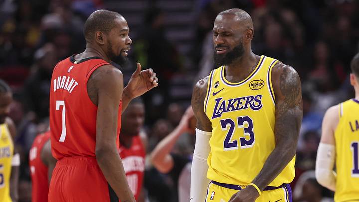Mar 16, 2026; Houston, Texas, USA; Houston Rockets forward Kevin Durant (7) talks with Los Angeles Lakers forward LeBron James (23) on the court during the second quarter at Toyota Center. Mandatory Credit: Troy Taormina-Imagn Images Mar 16, 2026; Houston, Texas, USA; Houston Rockets forward Kevin Durant (7) talks with Los Angeles Lakers forward LeBron James (23) on the court during the second quarter at Toyota Center. Mandatory Credit: Troy Taormina-Imagn Images