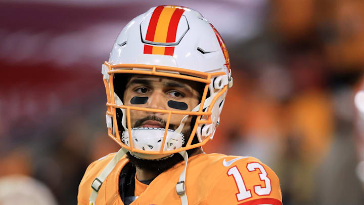 Dec 11, 2025; Tampa, Florida, USA; Tampa Bay Buccaneers wide receiver Mike Evans (13) looks on during warmups before the game against the Atlanta Falcons at Raymond James Stadium. Mandatory Credit: Kim Klement Neitzel-Imagn Images