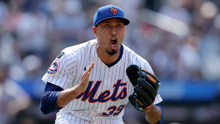 Jun 12, 2025; New York City, New York, USA; New York Mets relief pitcher Edwin Diaz (39) reacts after getting the final out of the game against the Washington Nationals at Citi Field. Mandatory Credit: Brad Penner-Imagn Images