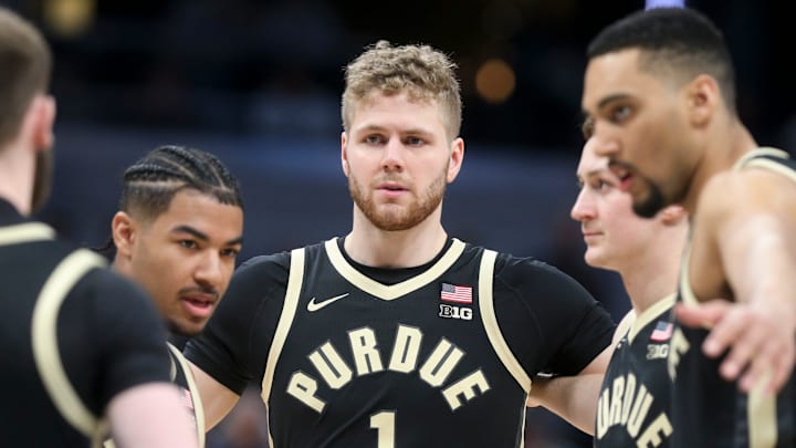 Purdue Boilermakers huddle Friday, March 14, 2025, during the Big Ten Men's Basketball Tournament game 