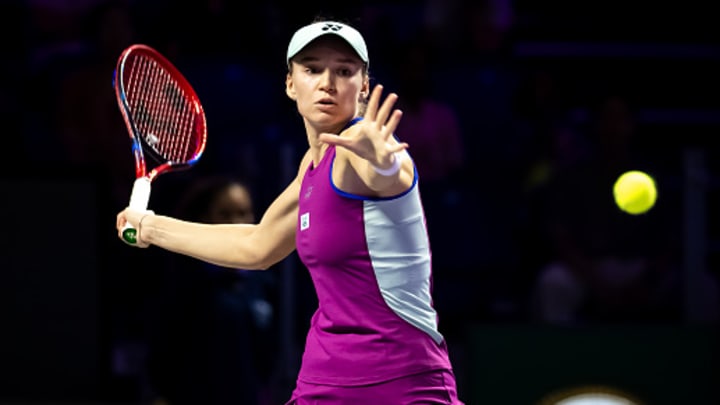 Elena Rybakina returns a ball during the WTA Finals.