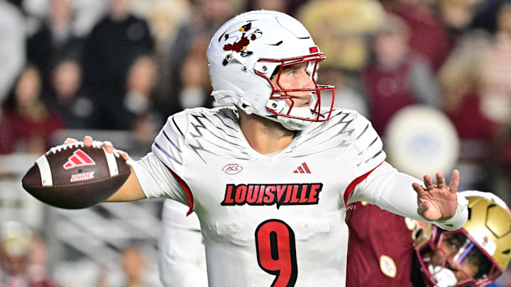 Oct 25, 2024; Chestnut Hill, Massachusetts, USA; Louisville Cardinals quarterback Tyler Shough (9) passes the ball against the Boston College Eagles during the first half at Alumni Stadium.