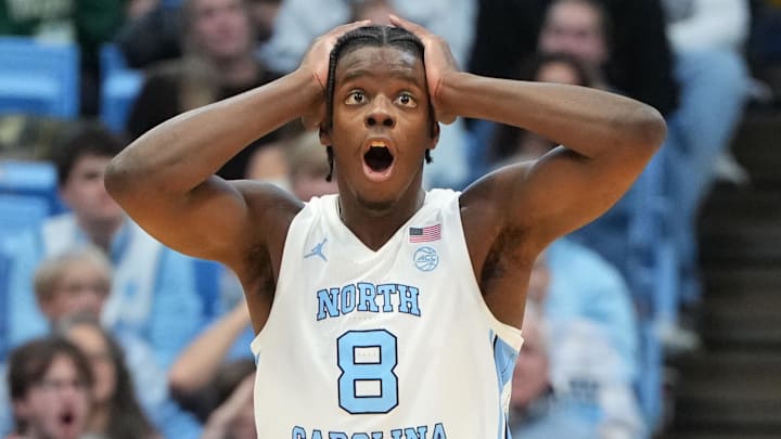 Jan 21, 2026; Chapel Hill, North Carolina, USA; North Carolina Tar Heels forward Caleb Wilson (8) reacts in the second half at Dean E. Smith Center. Mandatory Credit: Bob Donnan-Imagn Images