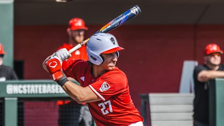 First baseman Chris McHugh prepares to swing in NC State's 15-5 loss to Florida State on Sunday, March 22, 2026. 