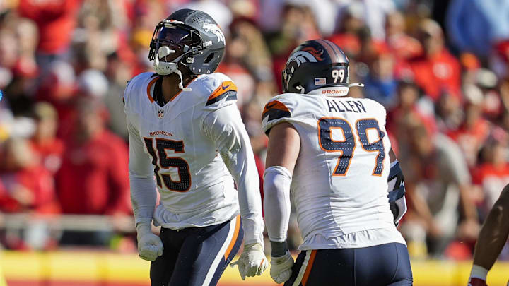 Nov 10, 2024; Kansas City, Missouri, USA; Denver Broncos linebacker Nik Bonitto (15) celebrates after a play during the first half against the Kansas City Chiefs at GEHA Field at Arrowhead Stadium. 