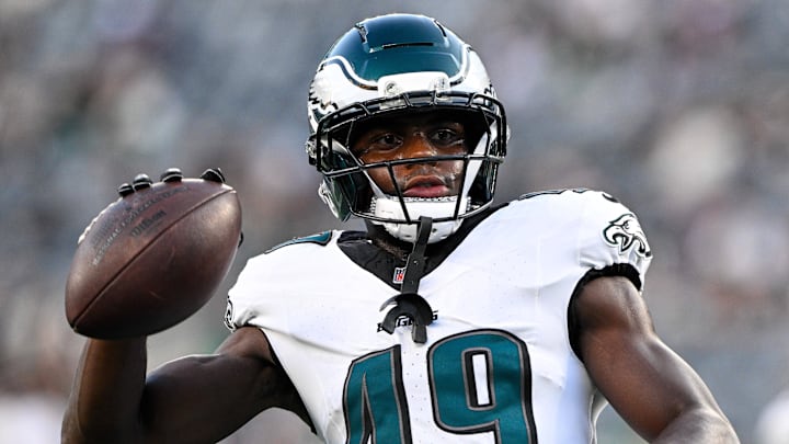 Aug 22, 2025; East Rutherford, New Jersey, USA; Philadelphia Eagles cornerback Jakorian Bennett (49) warms up before the game against the New York Jets at MetLife Stadium. Mandatory Credit: Mark Smith-Imagn Images
