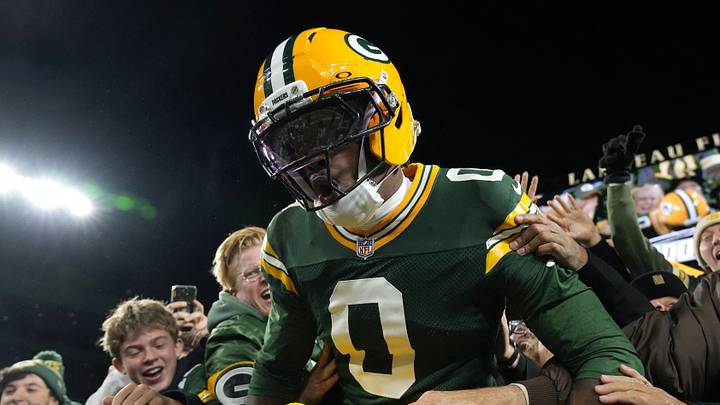 Green Bay Packers receiver Matthew Golden (0) celebrates with fans after scoring a touchdown against the Dallas Cowboys.