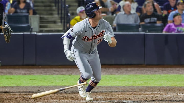 Jun 20, 2025; St. Petersburg, Florida, USA; Detroit Tigers outfielder Kerry Carpenter (30) watches a fly ball during the seventh inning against the Tampa Bay Rays at George M. Steinbrenner Field.