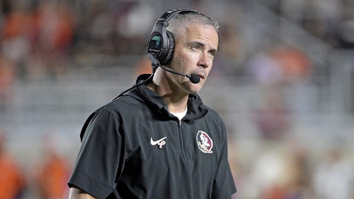 Oct 5, 2024; Tallahassee, Florida, USA; Florida State Seminoles head coach Mike Norvell looks on during the second half against the Clemson Tigers at Doak S. Campbell Stadium. Mandatory Credit: Melina Myers-Imagn Images