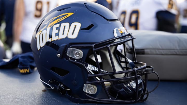 Dec 30, 2023; Tucson, AZ, USA; Detailed view of a Toledo Rockets helmet during the Arizona Bowl at Arizona Stadium. Dec 30, 2023; Tucson, AZ, USA; Detailed view of a Toledo Rockets helmet during the Arizona Bowl at Arizona Stadium.