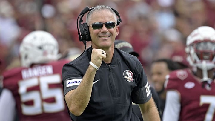 Sep 20, 2025; Tallahassee, Florida, USA; Florida State Seminoles head coach Mike Norvell reacts after a touchdown during the first half against the Kent State Golden Flashes at Doak S. Campbell Stadium. Mandatory Credit: Melina Myers-Imagn Images Sep 20, 2025; Tallahassee, Florida, USA; Florida State Seminoles head coach Mike Norvell reacts after a touchdown during the first half against the Kent State Golden Flashes at Doak S. Campbell Stadium. Mandatory Credit: Melina Myers-Imagn Images