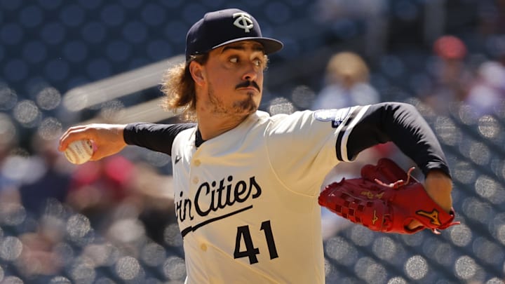 Aug 31, 2025; Minneapolis, Minnesota, USA; Minnesota Twins starting pitcher Joe Ryan (41) throws to the San Diego Padres in the second inning at Target Field. Mandatory Credit: Bruce Kluckhohn-Imagn Images