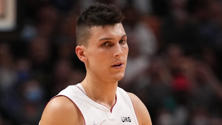 Miami Heat guard Tyler Herro (14) reacts (Mandatory Credit: Jasen Vinlove-Imagn Images)