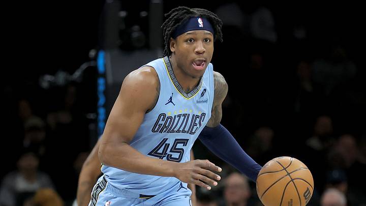 Mar 9, 2026; Brooklyn, New York, USA; Memphis Grizzlies forward GG Jackson (45) brings the ball up court against the Brooklyn Nets during the first quarter at Barclays Center. Mandatory Credit: Brad Penner-Imagn Images