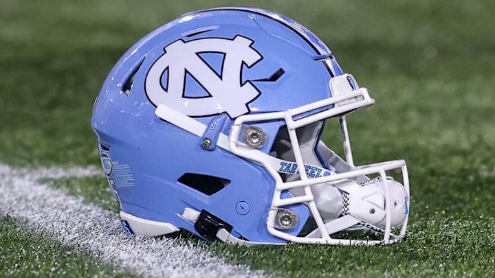 Oct 28, 2023; Atlanta, Georgia, USA; A detailed view of a North Carolina Tar Heels helmet on the field before a game against the Georgia Tech Yellow Jackets at Bobby Dodd Stadium at Hyundai Field. Mandatory Credit: Brett Davis-Imagn Images