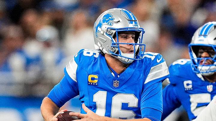 Detroit Lions quarterback Jared Goff (16) runs against New York Jets during the second half at Ford Field in Detroit on Sunday, Sept. 27, 2026.