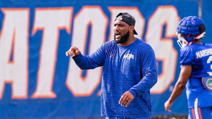 New Florida secondary coach Will Harris directs his defensive backs during the Florida Gators as they held their final open Spring football practice before the Orange and Blue Game at Sanders Practice Fields in Gainesville, FL on Tuesday, April 9, 2024. [Doug Engle/Gainesville Sun]