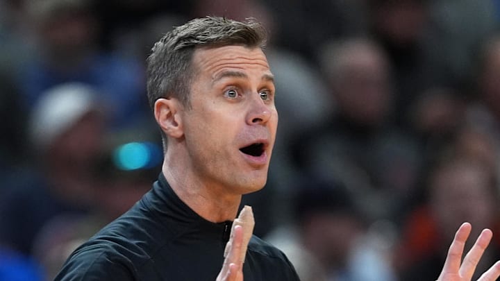 Mar 19, 2026; Greenville, SC, USA; Duke Blue Devils head coach Jon Scheyer reacts in the first half during a first round game of the men's 2026 NCAA Tournament at Bon Secours Wellness Arena. Mandatory Credit: Jim Dedmon-Imagn Images