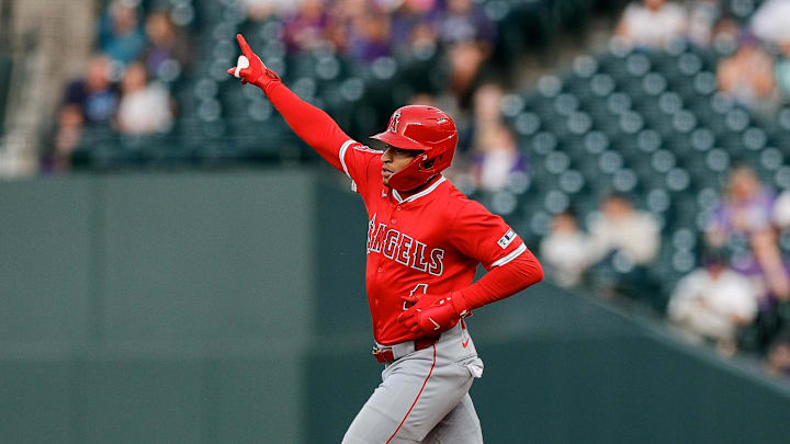 Sep 19, 2025; Denver, Colorado, USA; Los Angeles Angels second baseman Christian Moore (4) gestures on a two run home run in the second inning against the Colorado Rockies at Coors Field. Mandatory Credit: Isaiah J. Downing-Imagn Images Sep 19, 2025; Denver, Colorado, USA; Los Angeles Angels second baseman Christian Moore (4) gestures on a two run home run in the second inning against the Colorado Rockies at Coors Field. Mandatory Credit: Isaiah J. Downing-Imagn Images